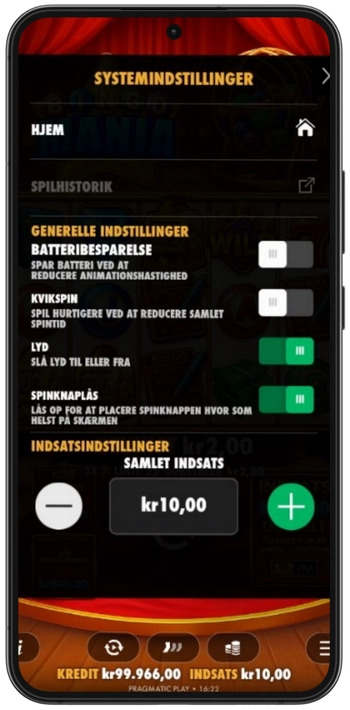 Bingo Mania indstillinger