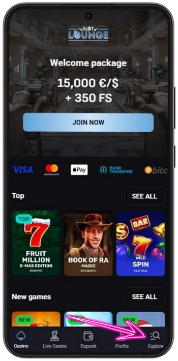 Naviger gennem casinoets interface