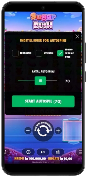 Sugar Rush indstillinger for autospin