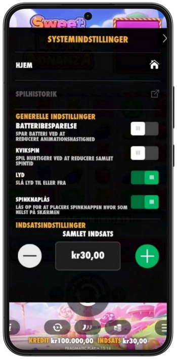 Sweet Rush Bonanza start indstillinger